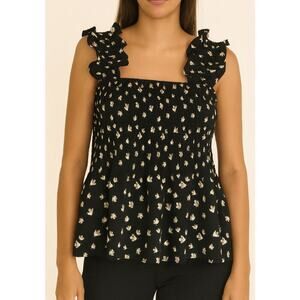 ISALIS Floral Smocked Croped Long Sleeve Top Size MD black white ditsy print